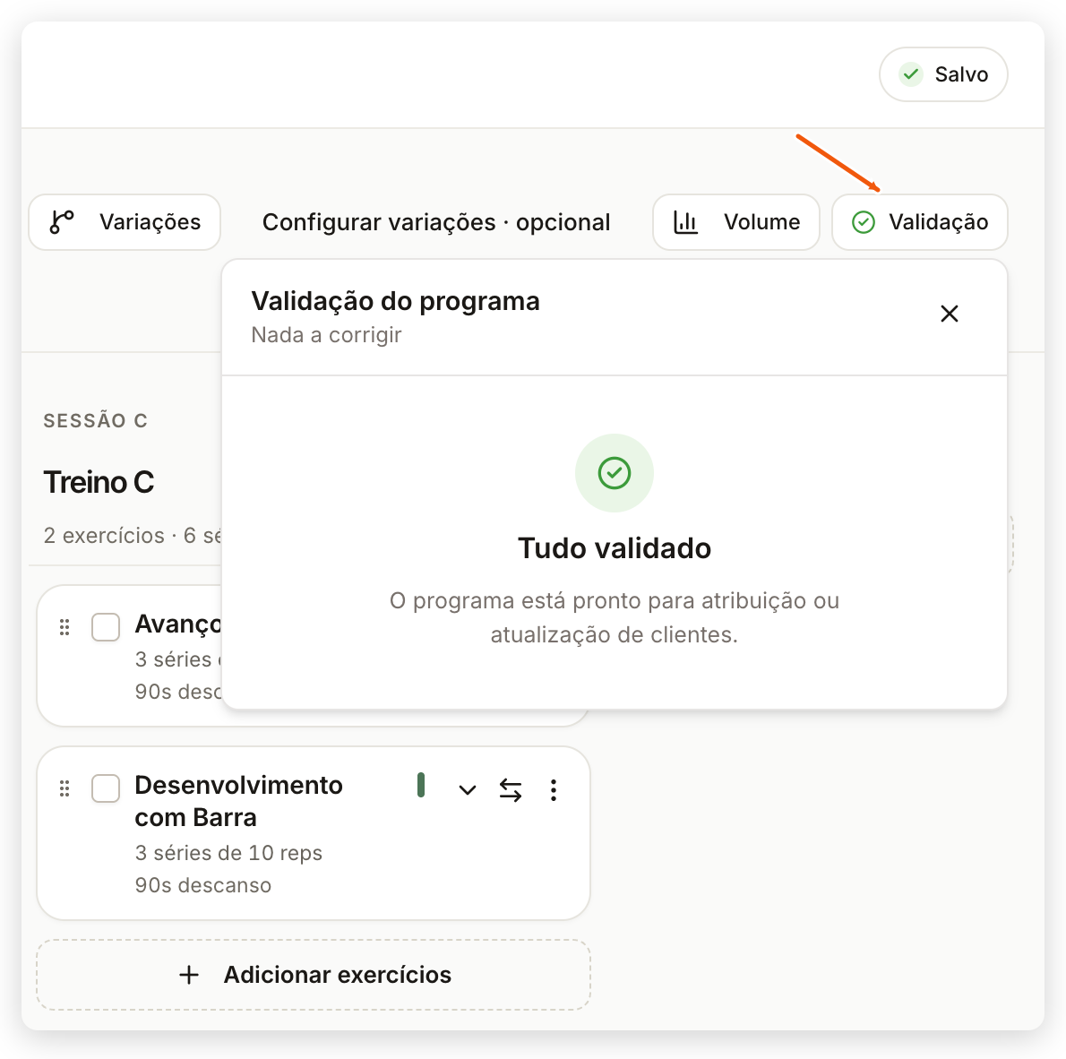 Painel Validação do programa no web com Tudo validado e o programa pronto para atribuição