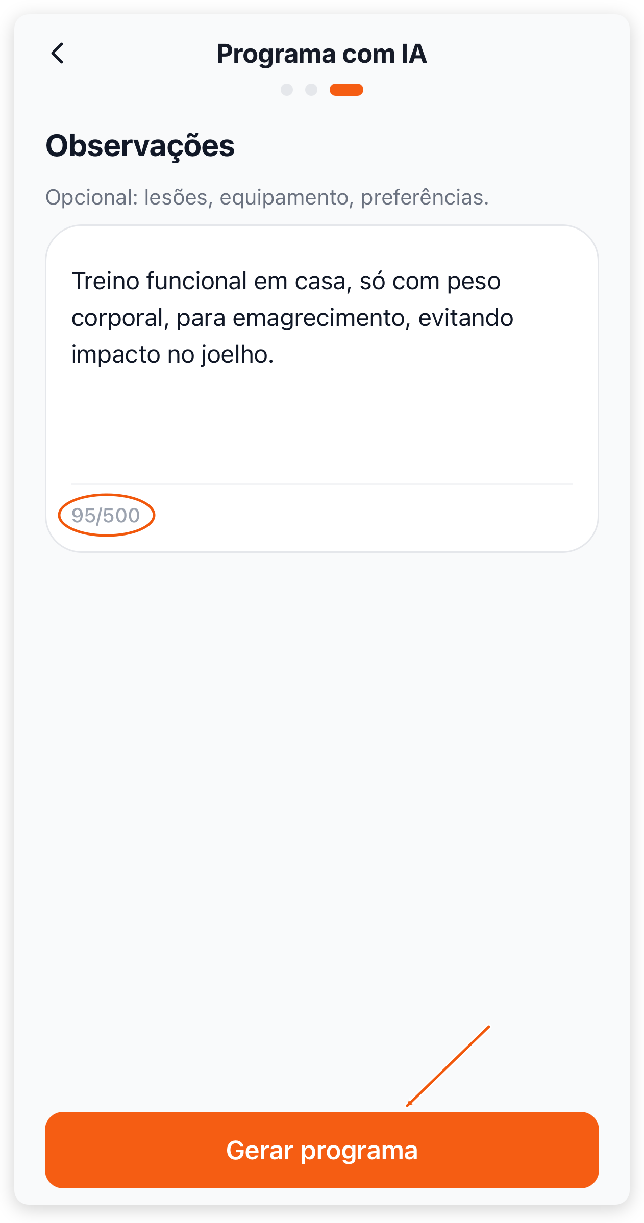 Passo Observações no app do treinador com um texto sobre treino em casa e o botão Gerar programa