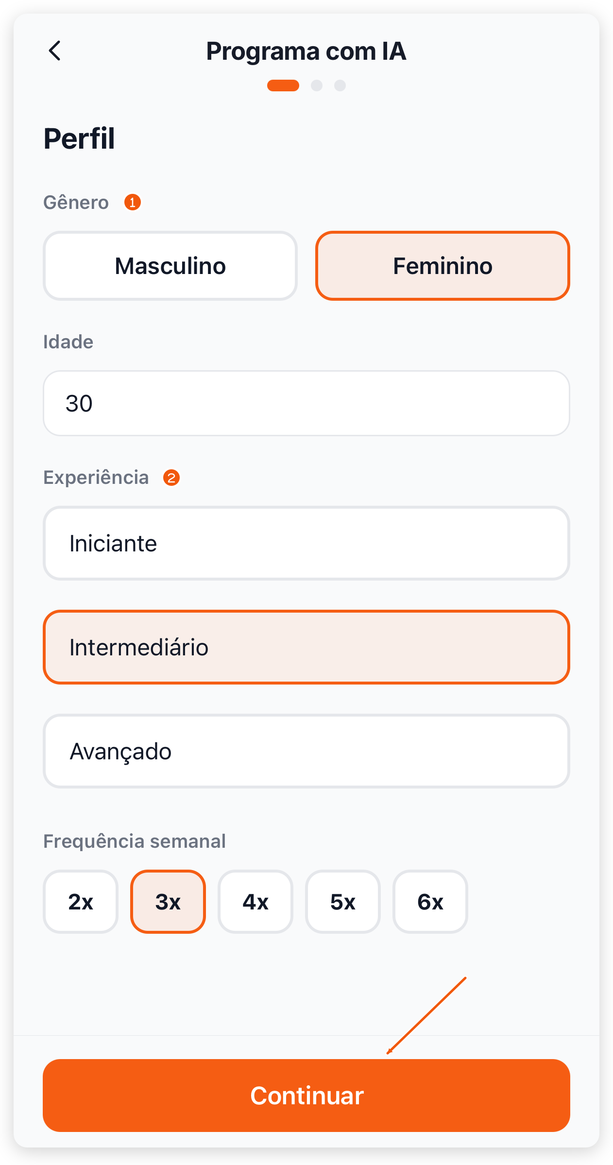 Passo Perfil do Programa com IA no app do treinador com gênero, idade, experiência Intermediário e frequência 3x preenchidos