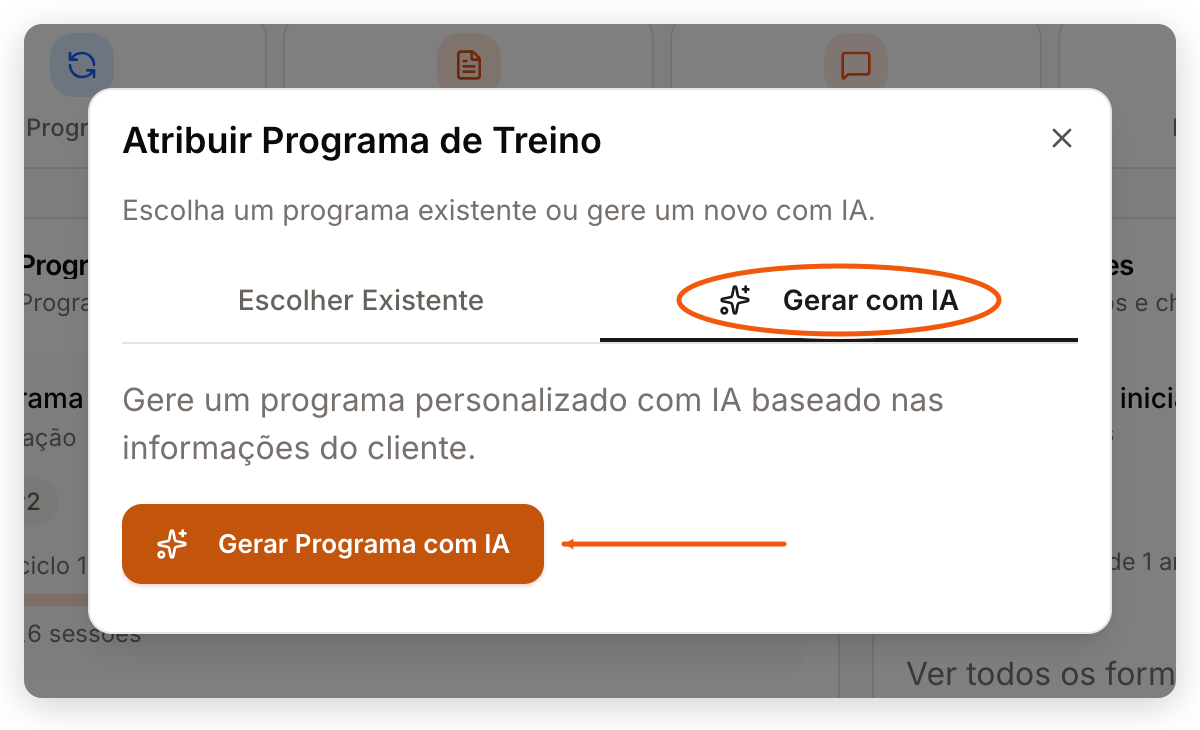 Diálogo Atribuir Programa de Treino na aba Gerar com IA, com o botão Gerar Programa com IA