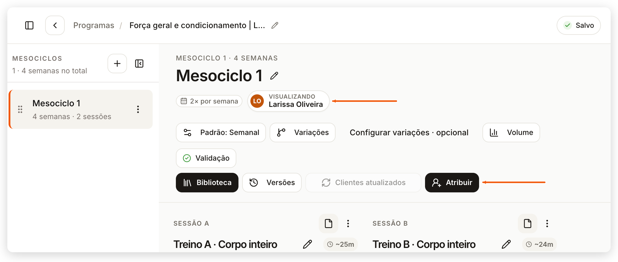 Editor do painel web aberto pelo perfil do aluno, com Visualizando e o nome do aluno no topo e o botão Atribuir