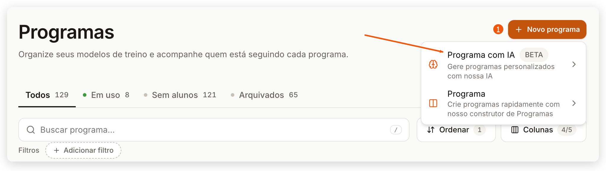 Menu Novo programa aberto na lista Programas do painel web com a opção Programa com IA marcada como BETA
