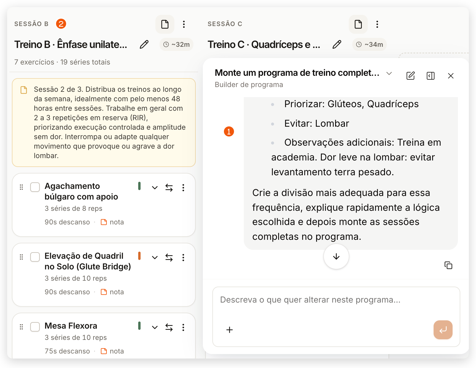 Editor do painel web com o painel do Treinico aberto ao lado das sessões criadas a partir do formulário
