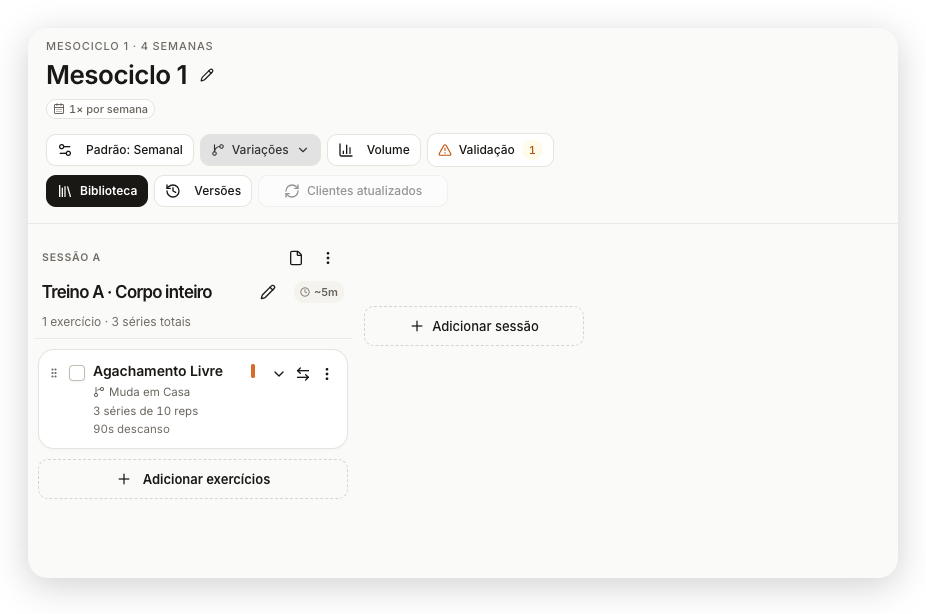 Base conferida no painel web, mantendo três séries de dez repetições depois da edição de Casa
