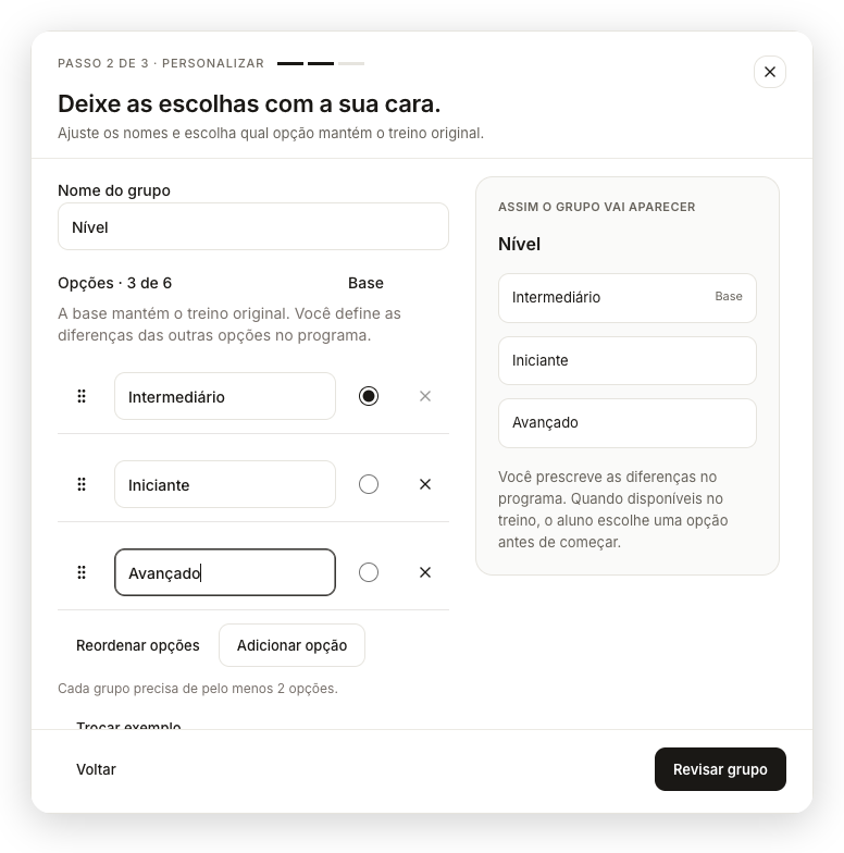 Grupo Nível com Intermediário como base, Iniciante e Avançado, e a ação Revisar grupo