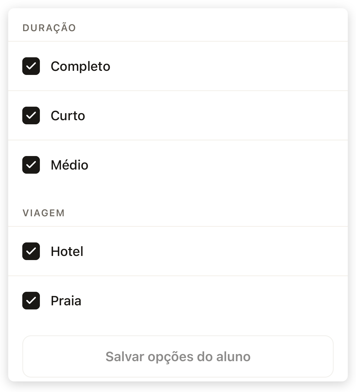 Parte inferior da liberação no app, com Duração, Viagem e Salvar opções do aluno