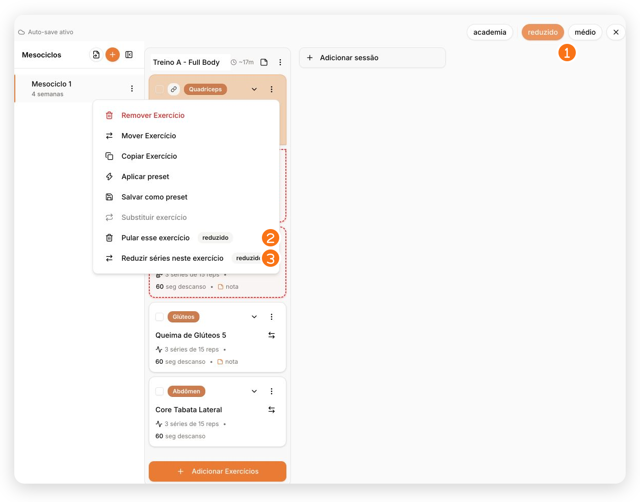 Editor com a variação Reduzido ativa e ações para pular um exercício ou reduzir séries