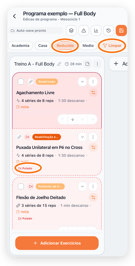 Editor móvel com Reduzido selecionado, exercícios pulados e a ação Limpar destacada