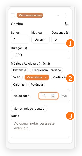 Exercício Corrida expandido com duração, velocidade e Séries Independentes destacados