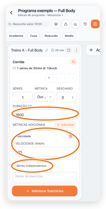 Exercício Corrida no app com duração, velocidade e Séries Independentes destacadas