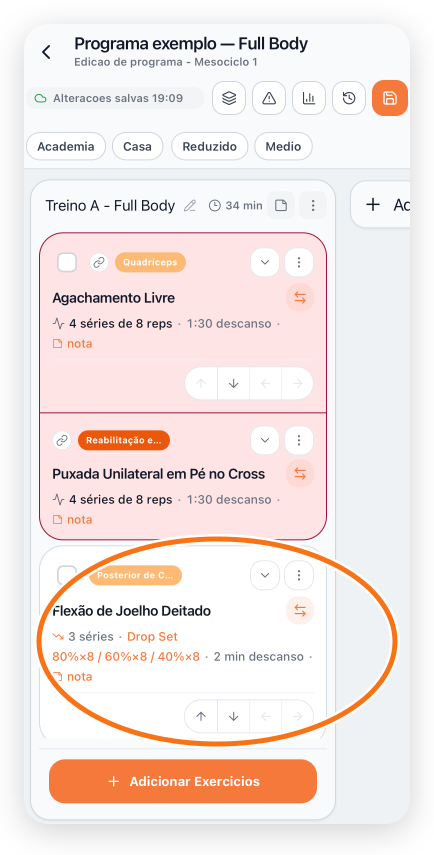 Editor móvel com o Drop Set aplicado e o resumo das quedas destacado