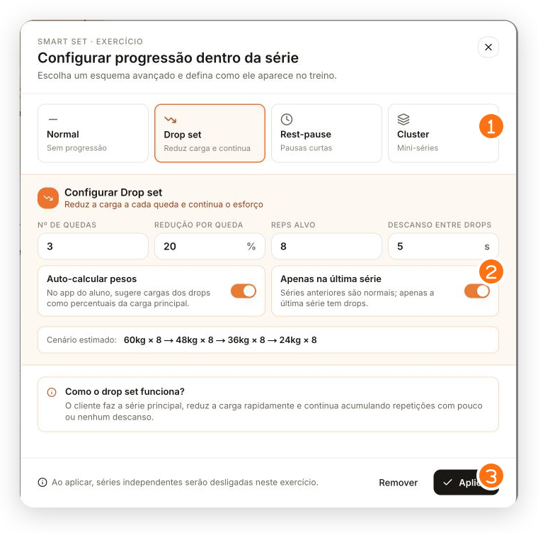 Janela Configurar smart set com Drop set selecionado, parâmetros e ação Aplicar destacados