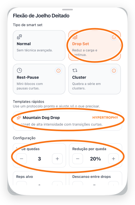 Configurador móvel de smart set com Drop Set, template e parâmetros destacados