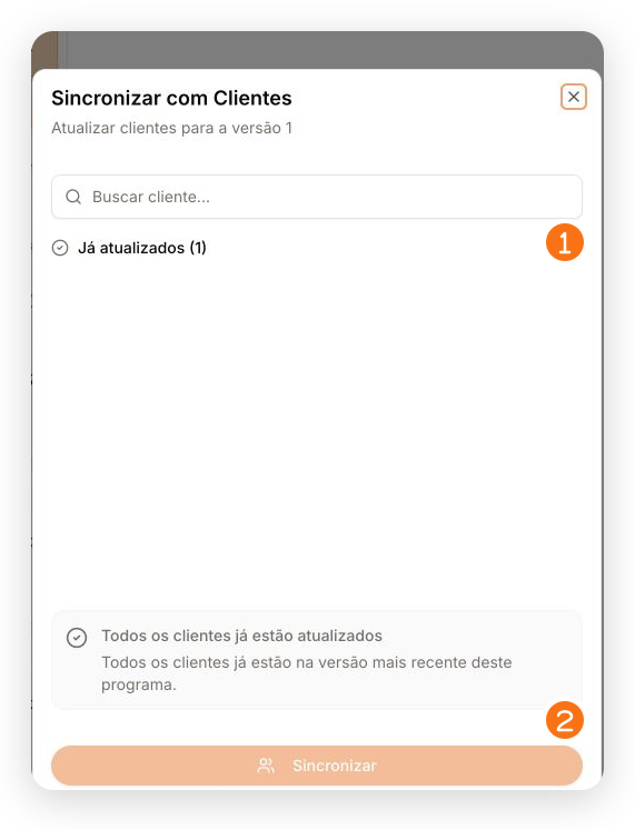 Painel Sincronizar com Clientes mostrando o estado das atribuições e a ação de sincronizar
