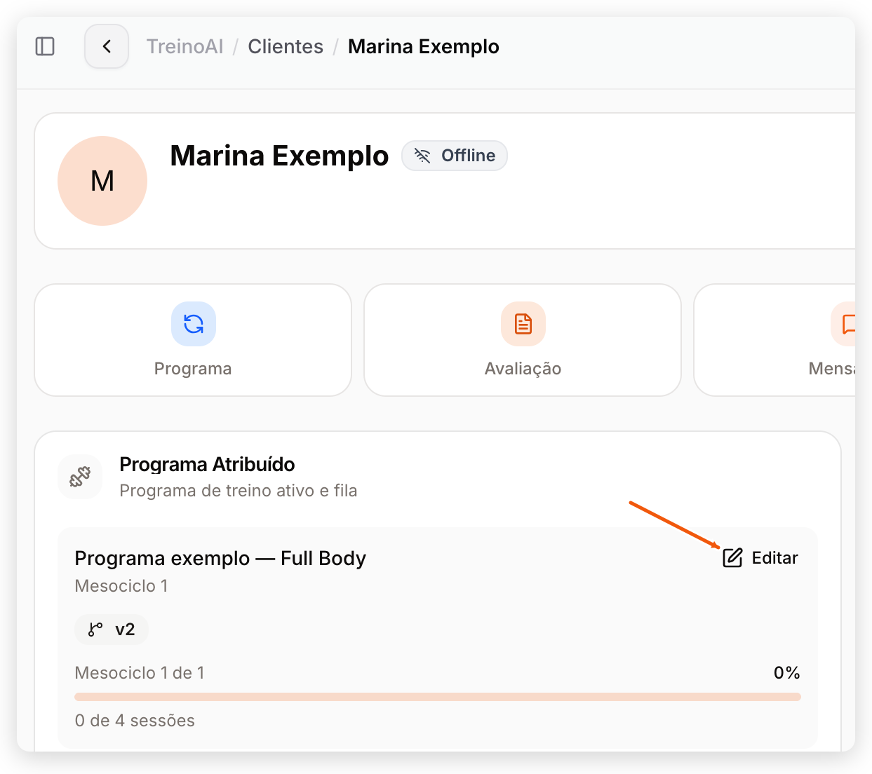 Perfil de Marina Exemplo com Programa Atribuído e o botão Editar destacado
