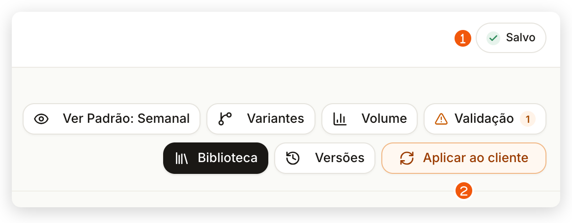 Indicador Salvo e botão Aplicar ao cliente destacados no cabeçalho do editor