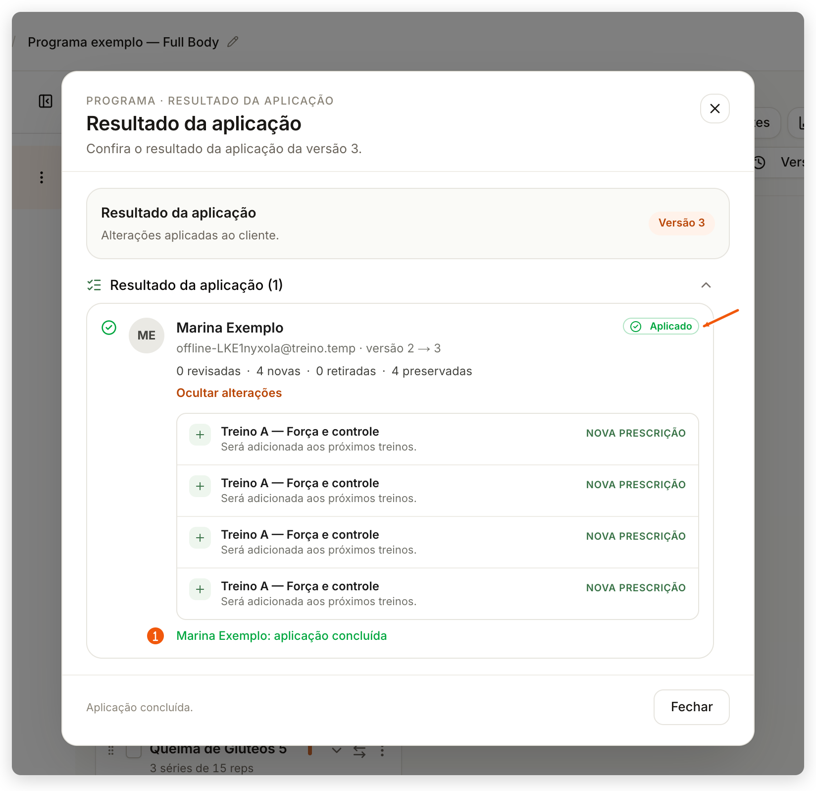 Resultado da aplicação com Marina Exemplo identificada e confirmação Aplicado destacada