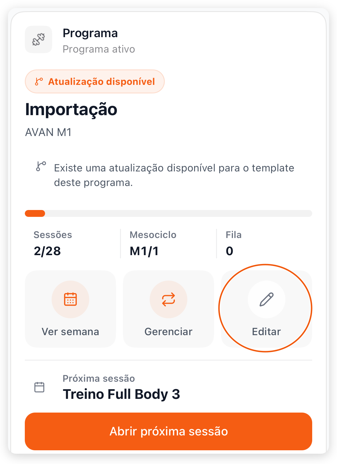 Cartão Programa do perfil do aluno com as ações Ver semana, Gerenciar e Editar, e Editar em destaque
