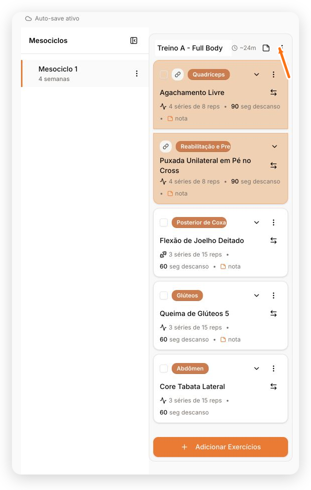 Mesociclo e sessão existentes no editor do programa atribuído