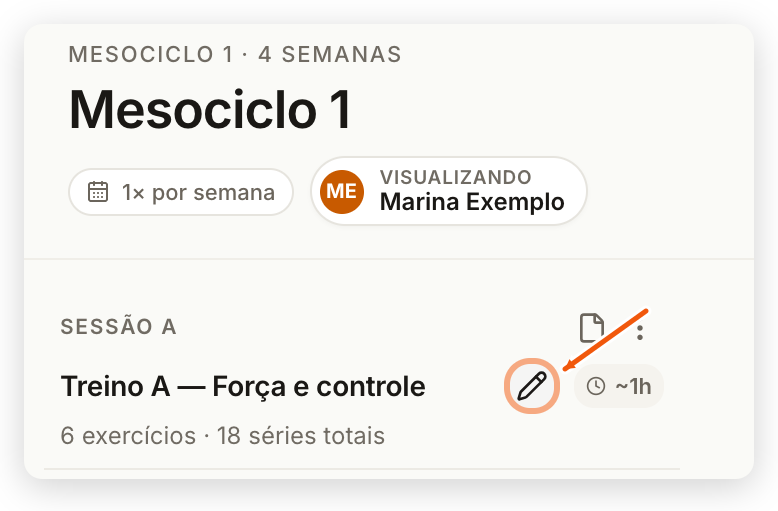 Nome da sessão ajustado para Treino A — Força e controle no programa de Marina Exemplo
