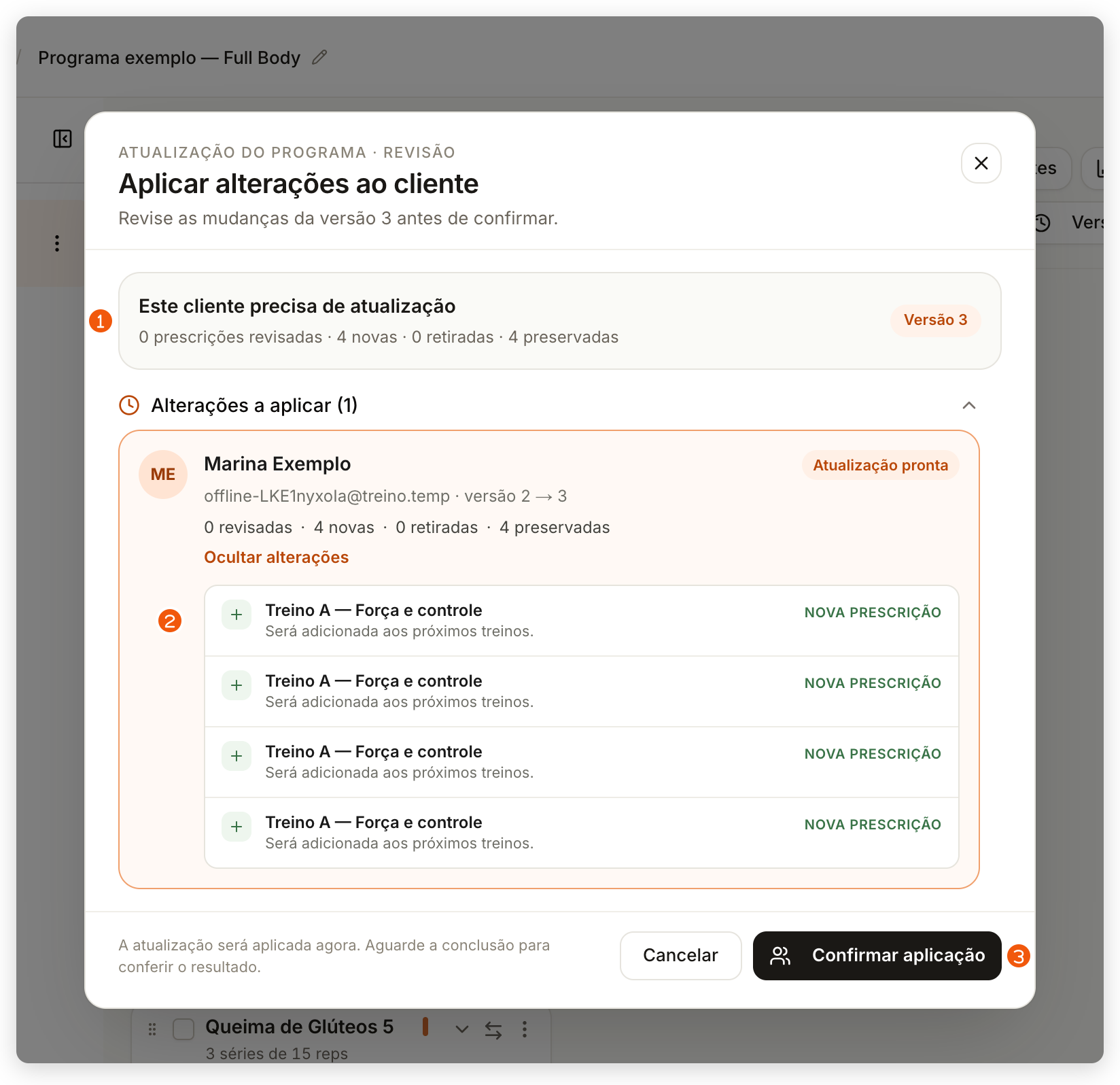 Revisão das alterações de Marina Exemplo com o botão Confirmar aplicação destacado