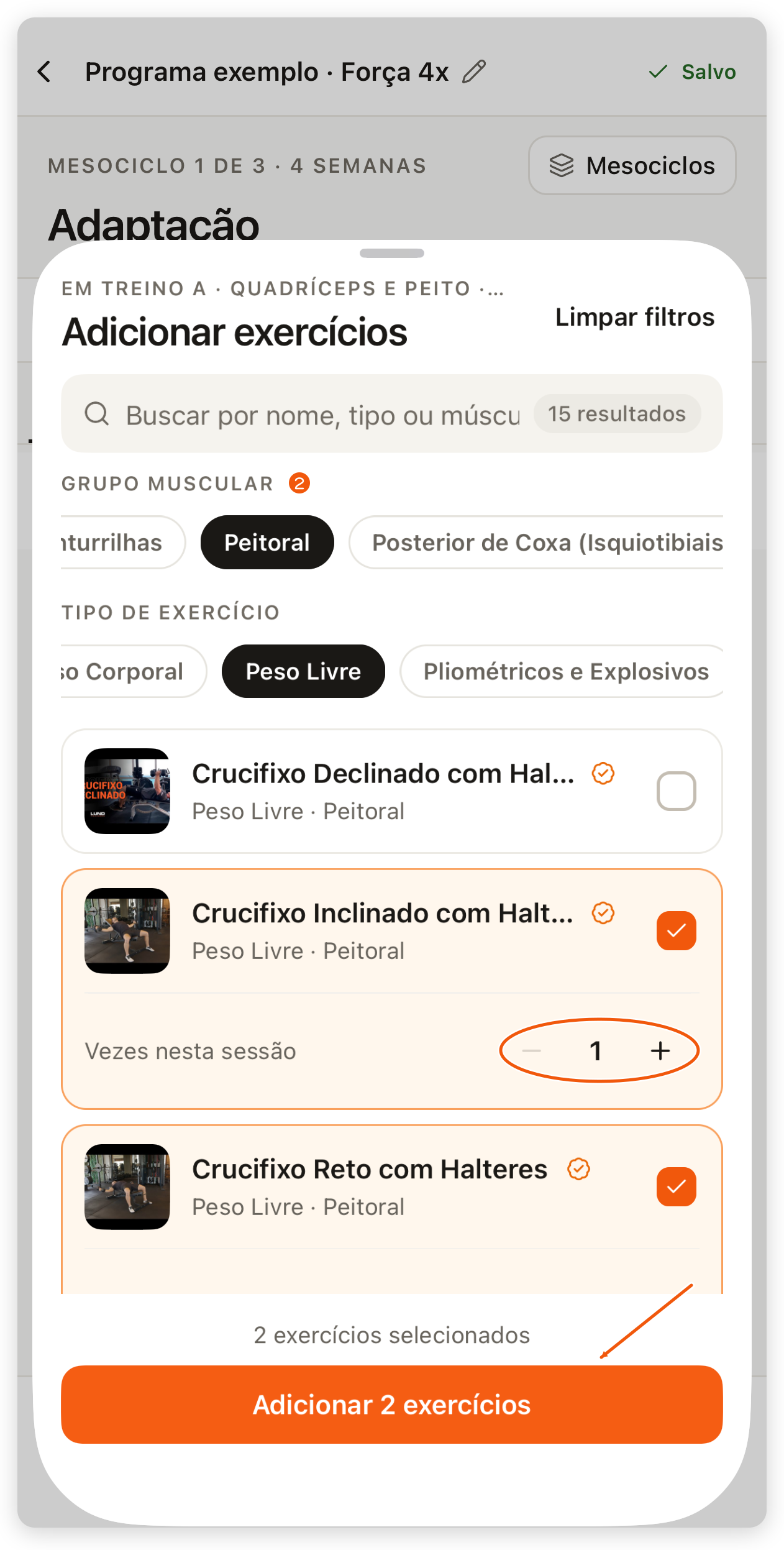 Adicionar exercícios no app do treinador com dois exercícios marcados, o contador Vezes nesta sessão e Adicionar 2 exercícios