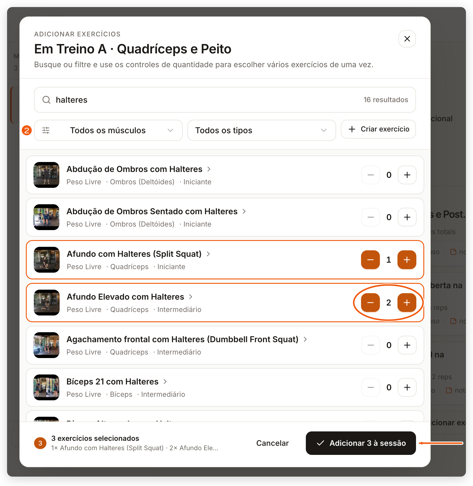 Seletor Adicionar exercícios no painel web com três exercícios escolhidos e o botão Adicionar 3 à sessão