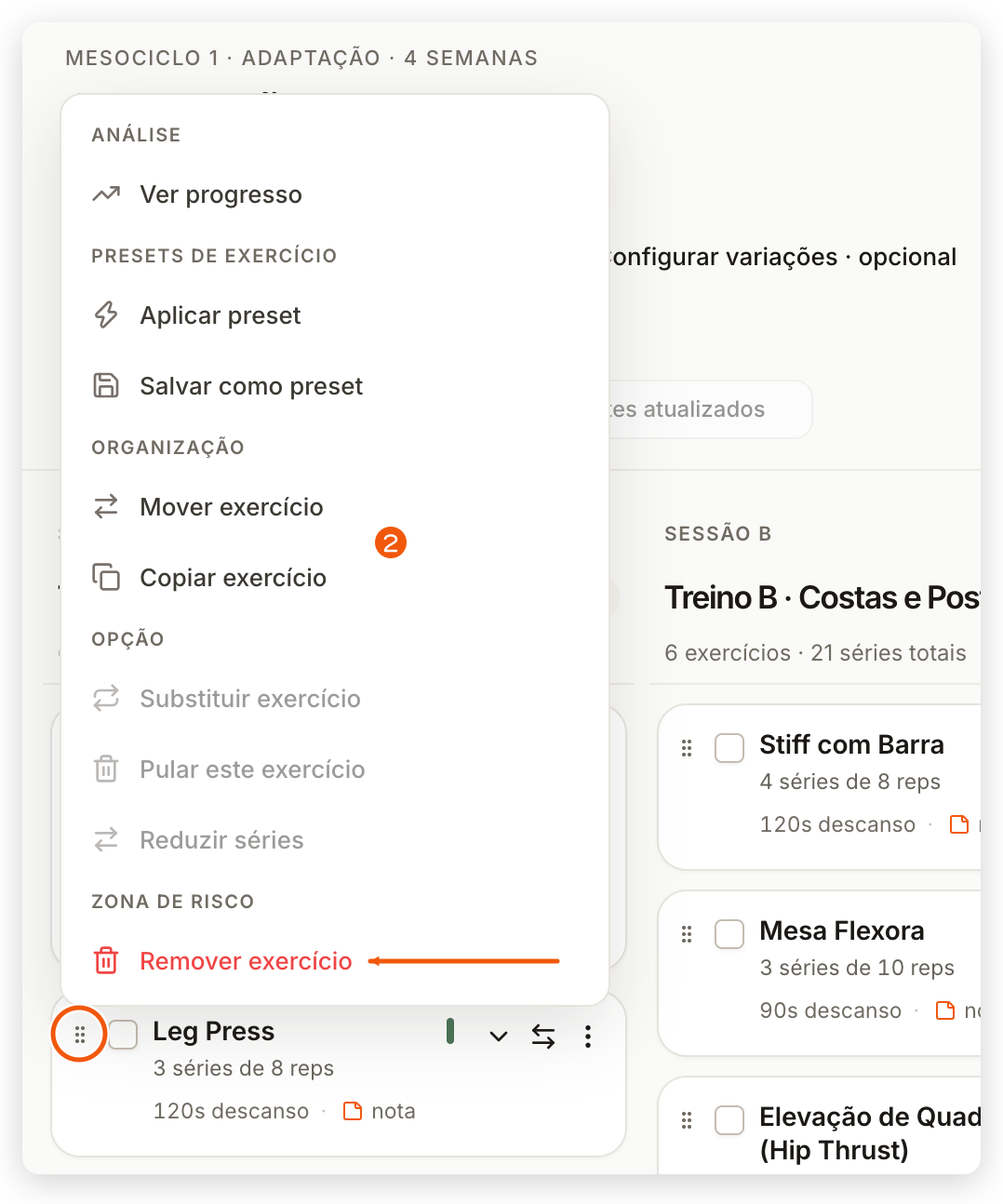 Ações do exercício no painel web com Ver progresso, Aplicar preset, Salvar como preset, Mover exercício, Copiar exercício e Remover exercício