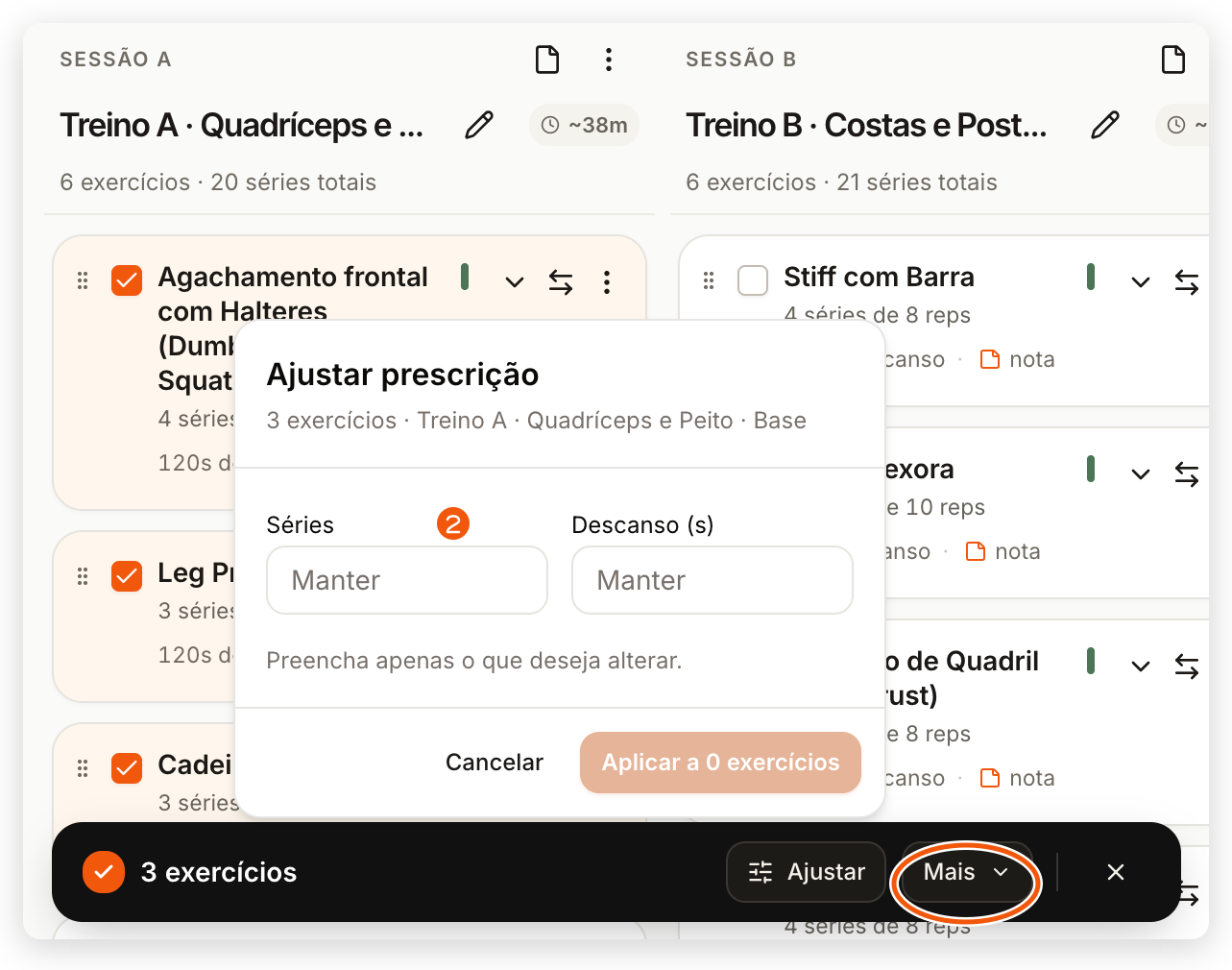 Barra de seleção do painel web com Ajustar prescrição aberto e os campos Séries e Descanso em Manter