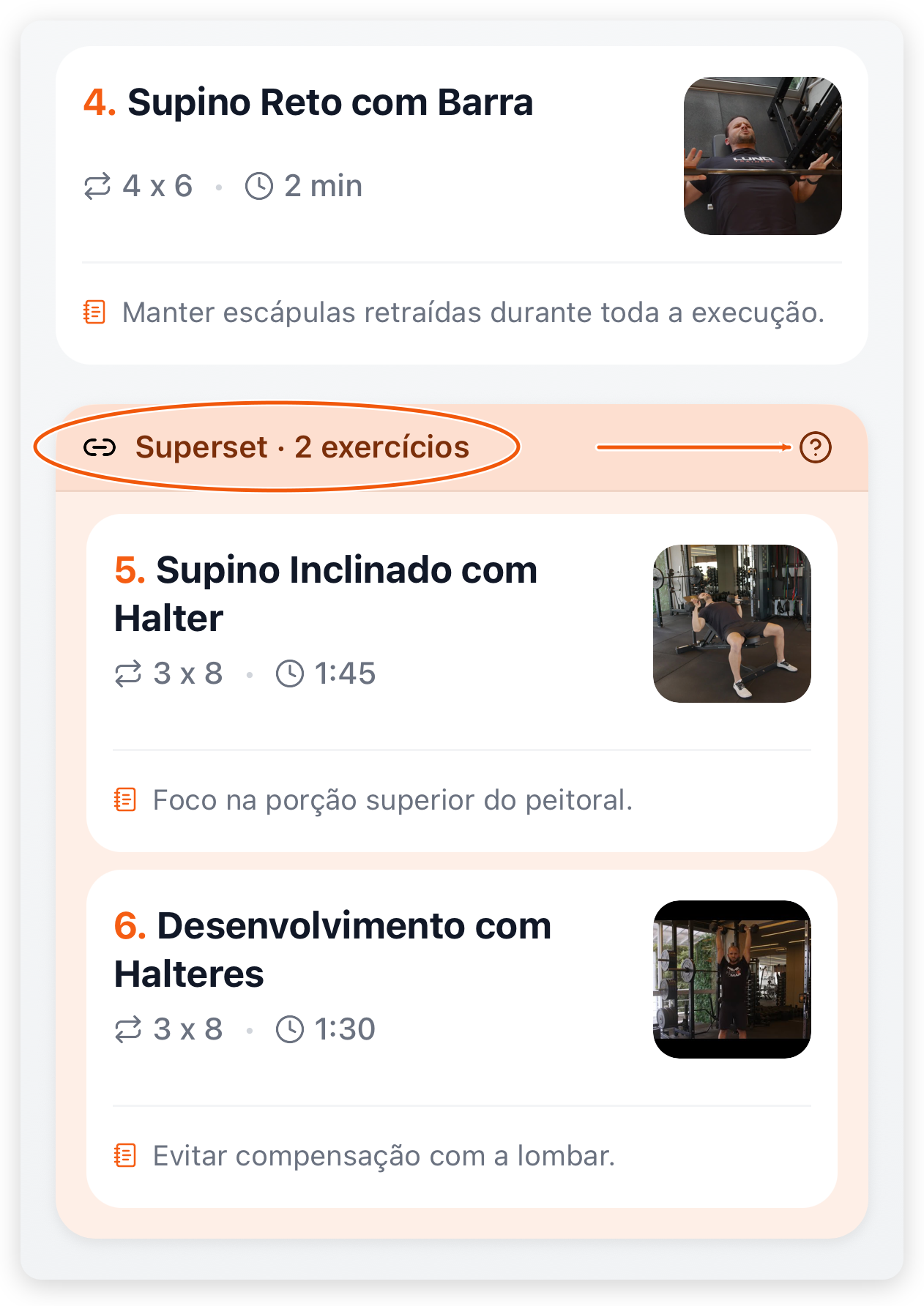 Bloco Superset nos detalhes da sessão do app do aluno, com dois exercícios agrupados e o ícone de ajuda