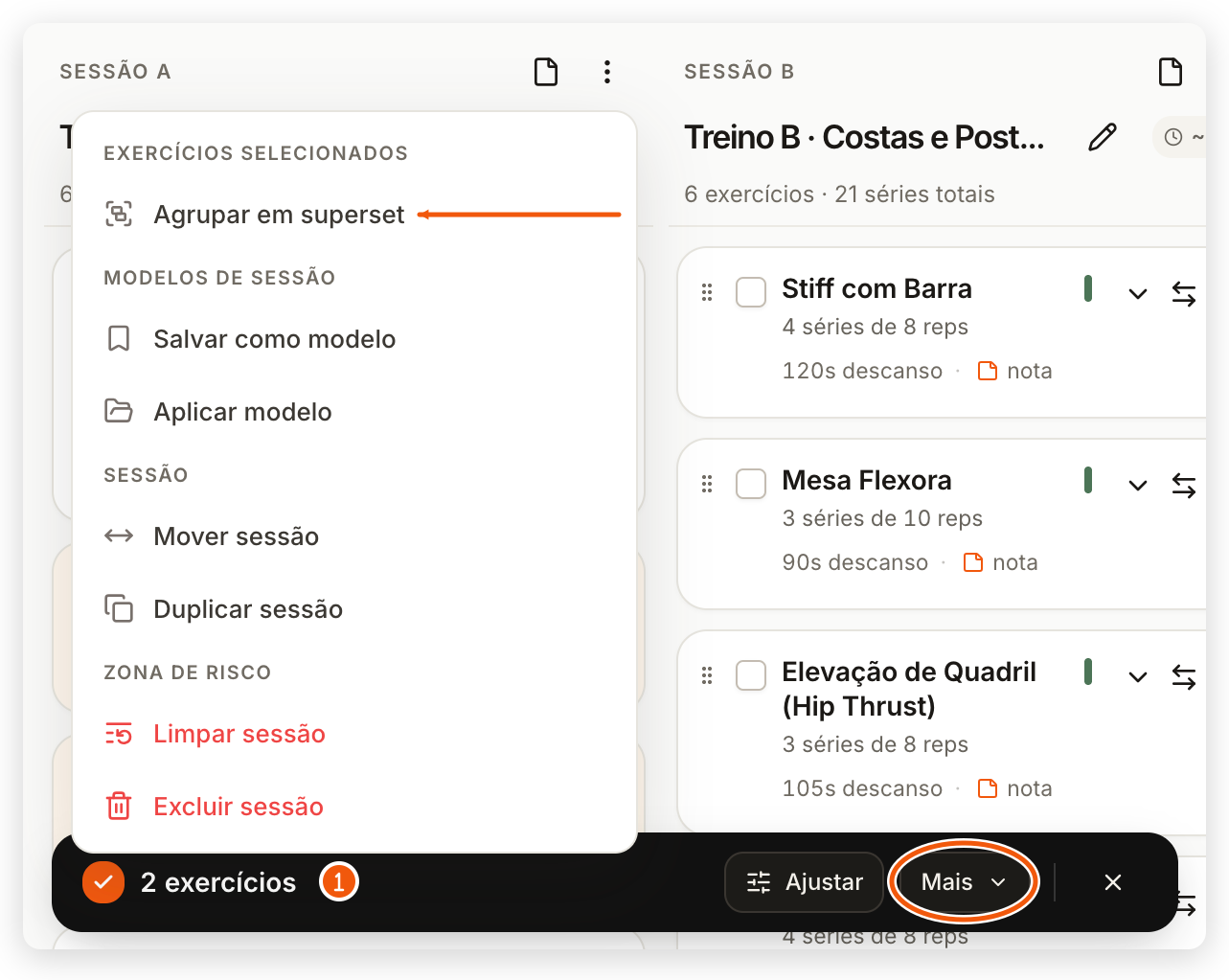 Dois exercícios marcados no painel web e o menu da sessão aberto em Agrupar em superset