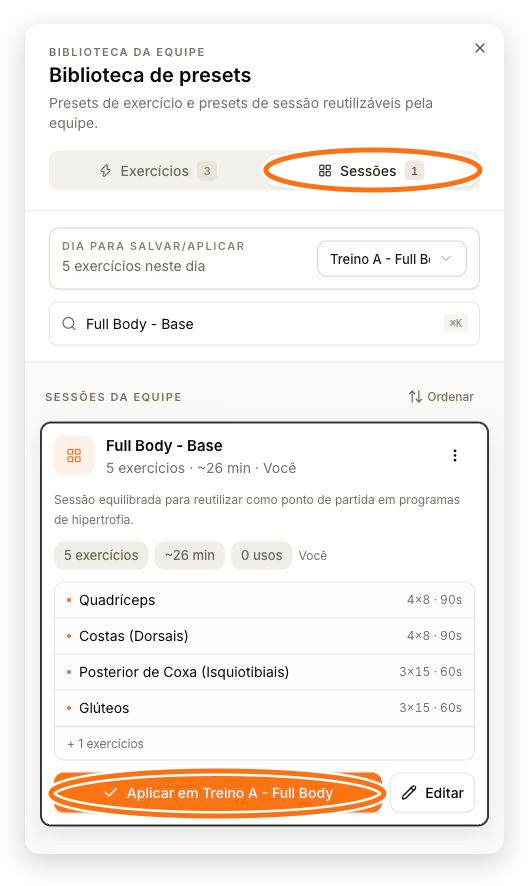 Biblioteca de presets com a aba Sessões e o botão para aplicar Full Body - Base destacados