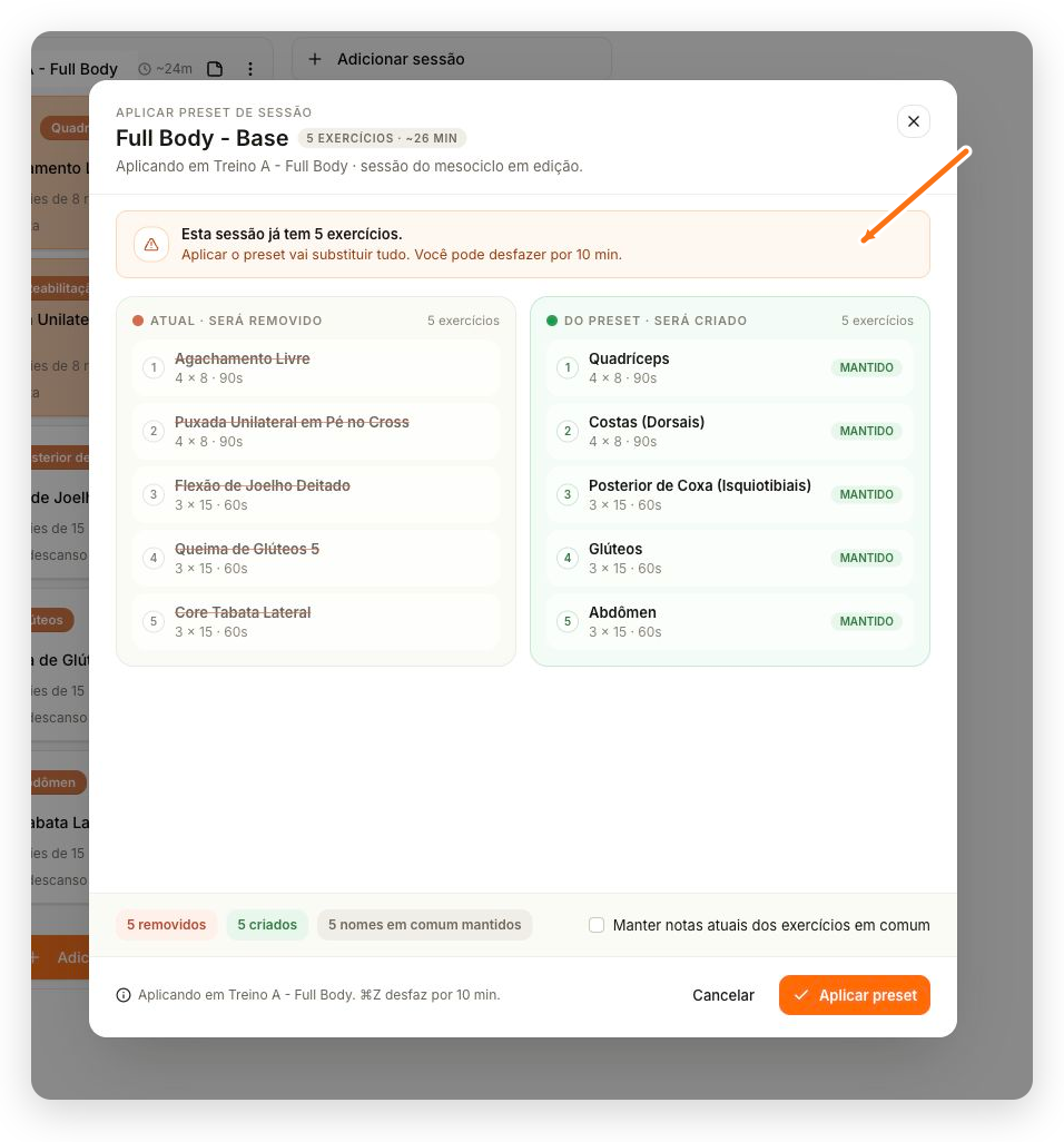 Confirmação de aplicação do preset comparando os exercícios removidos e criados e destacando o aviso de substituição
