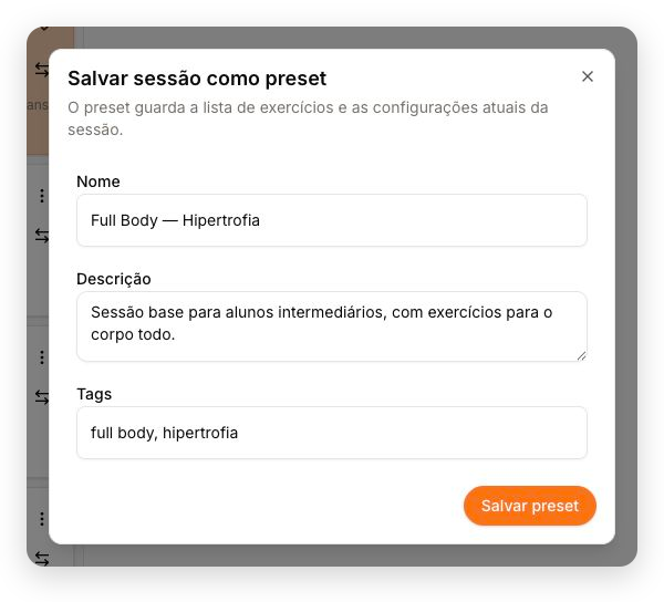 Formulário para salvar a sessão Full Body como preset com nome, descrição e tags