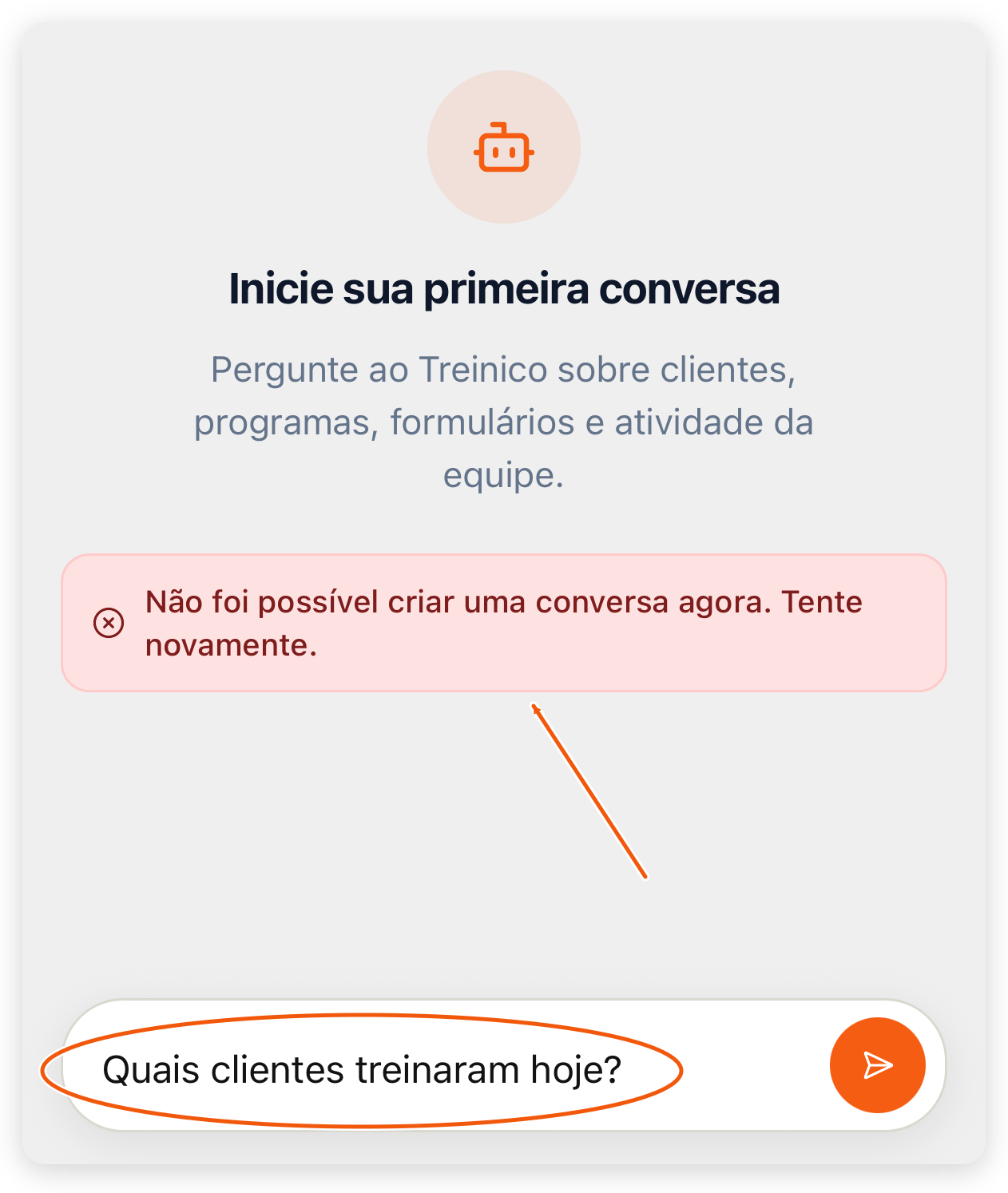 Aba Assistente no app do treinador com a pergunta ainda no campo Pergunte alguma coisa e, acima dele, o aviso vermelho Não foi possível criar uma conversa agora