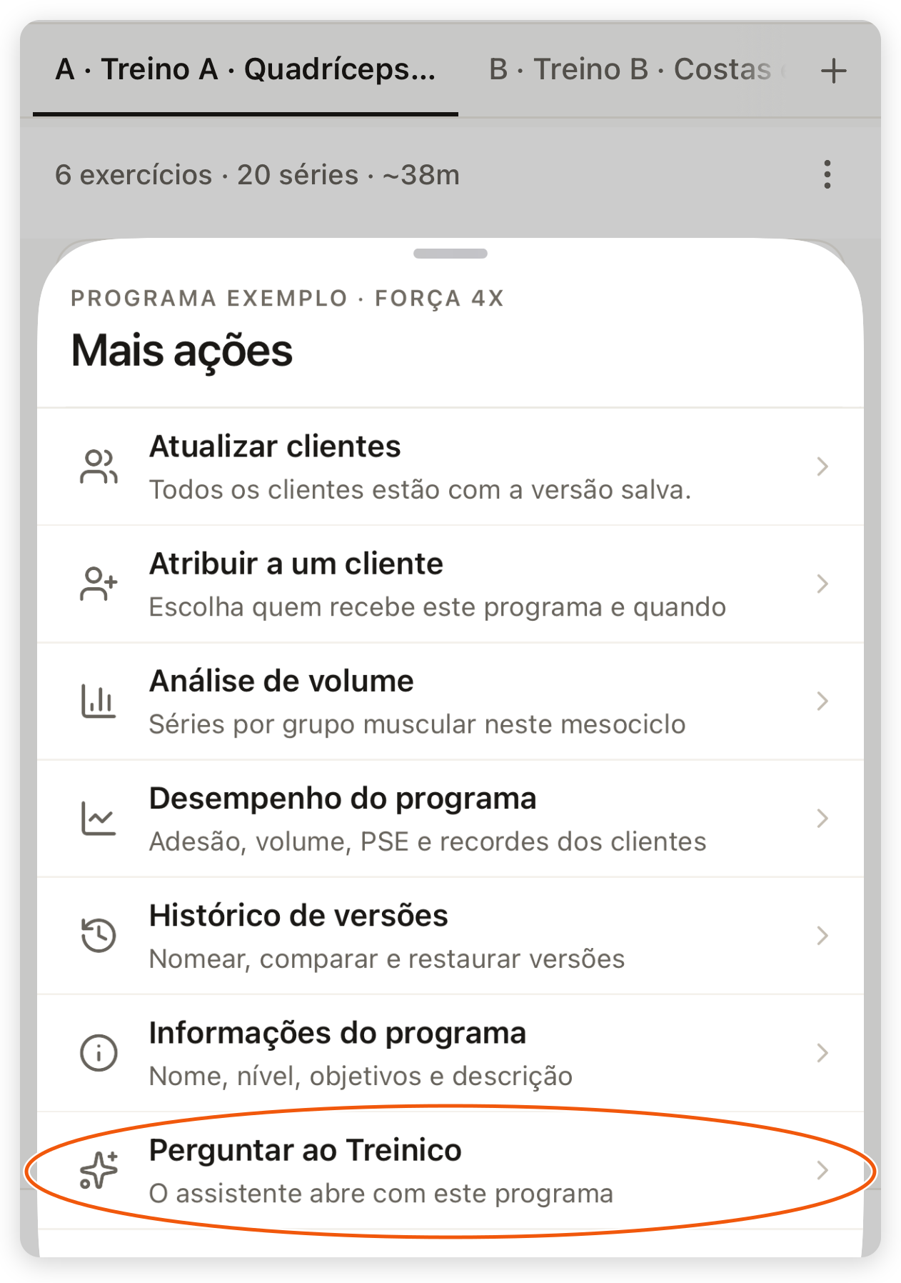 Menu Mais ações do editor de programa no app do treinador com o item Perguntar ao Treinico
