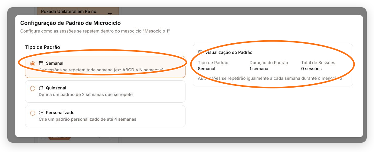 Janela de configuração com os tipos de padrão à esquerda e a visualização da repetição à direita