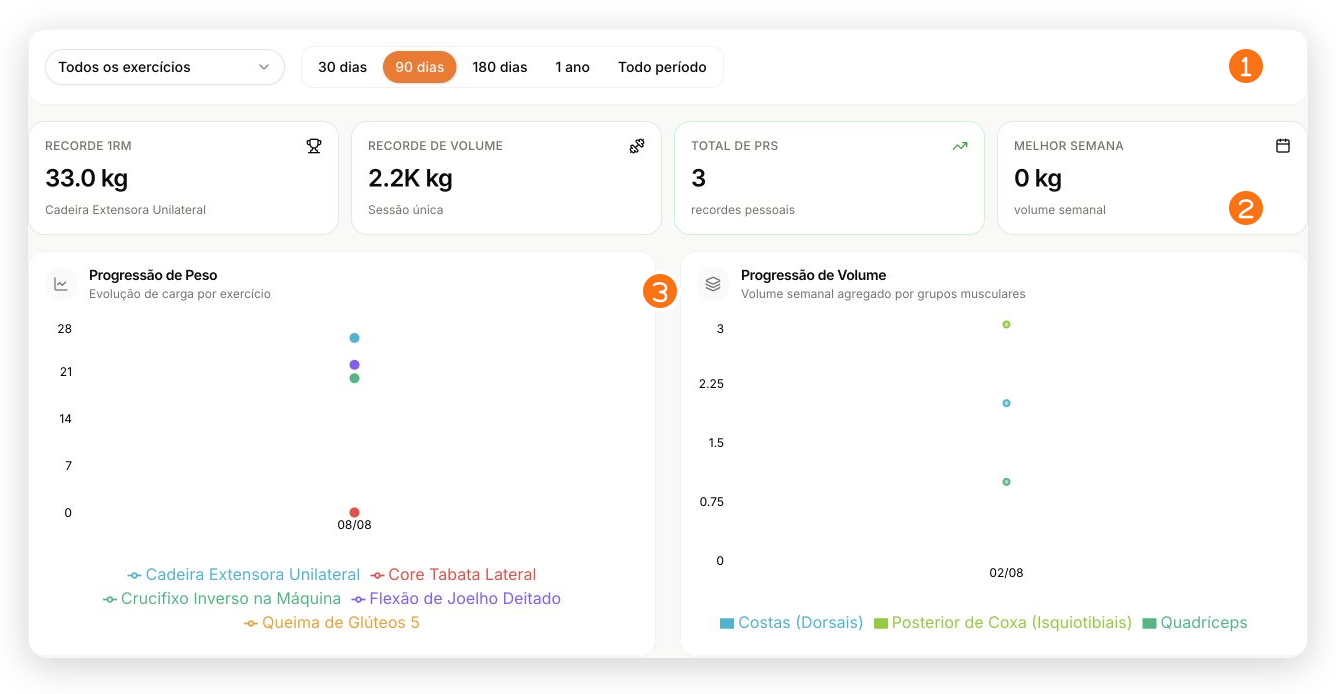Análise individual com filtros, recordes e gráficos de progressão do aluno