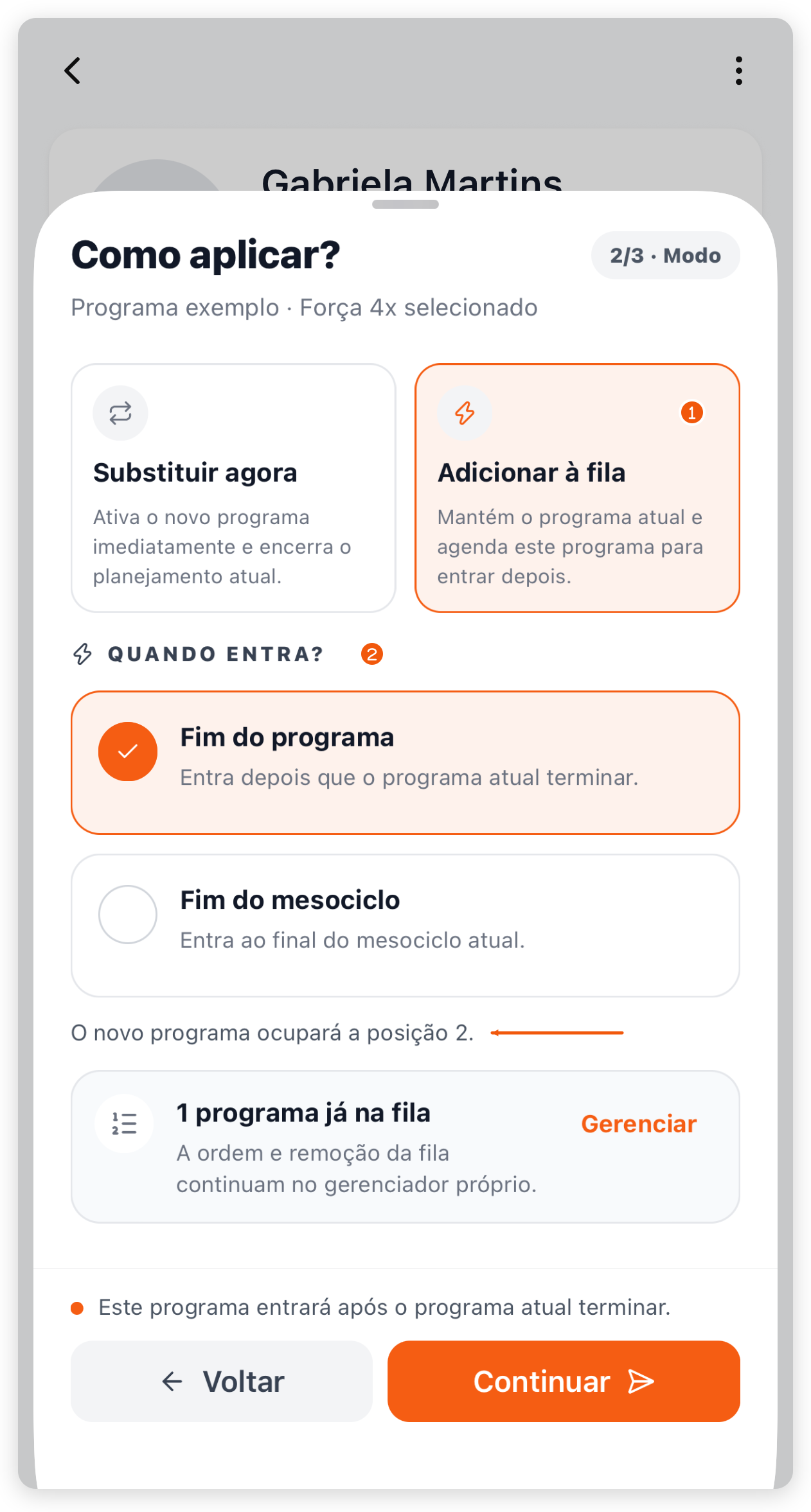 Passo Como aplicar? no app com Adicionar à fila marcado, Fim do programa escolhido e a posição que o programa vai ocupar na fila