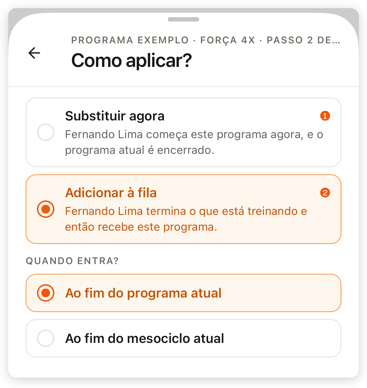 Passo Como aplicar? do editor no app, com Substituir agora, Adicionar à fila e a explicação de cada opção