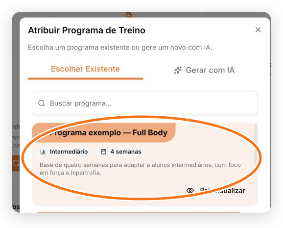 Seleção do Programa exemplo — Full Body com dificuldade, duração e descrição