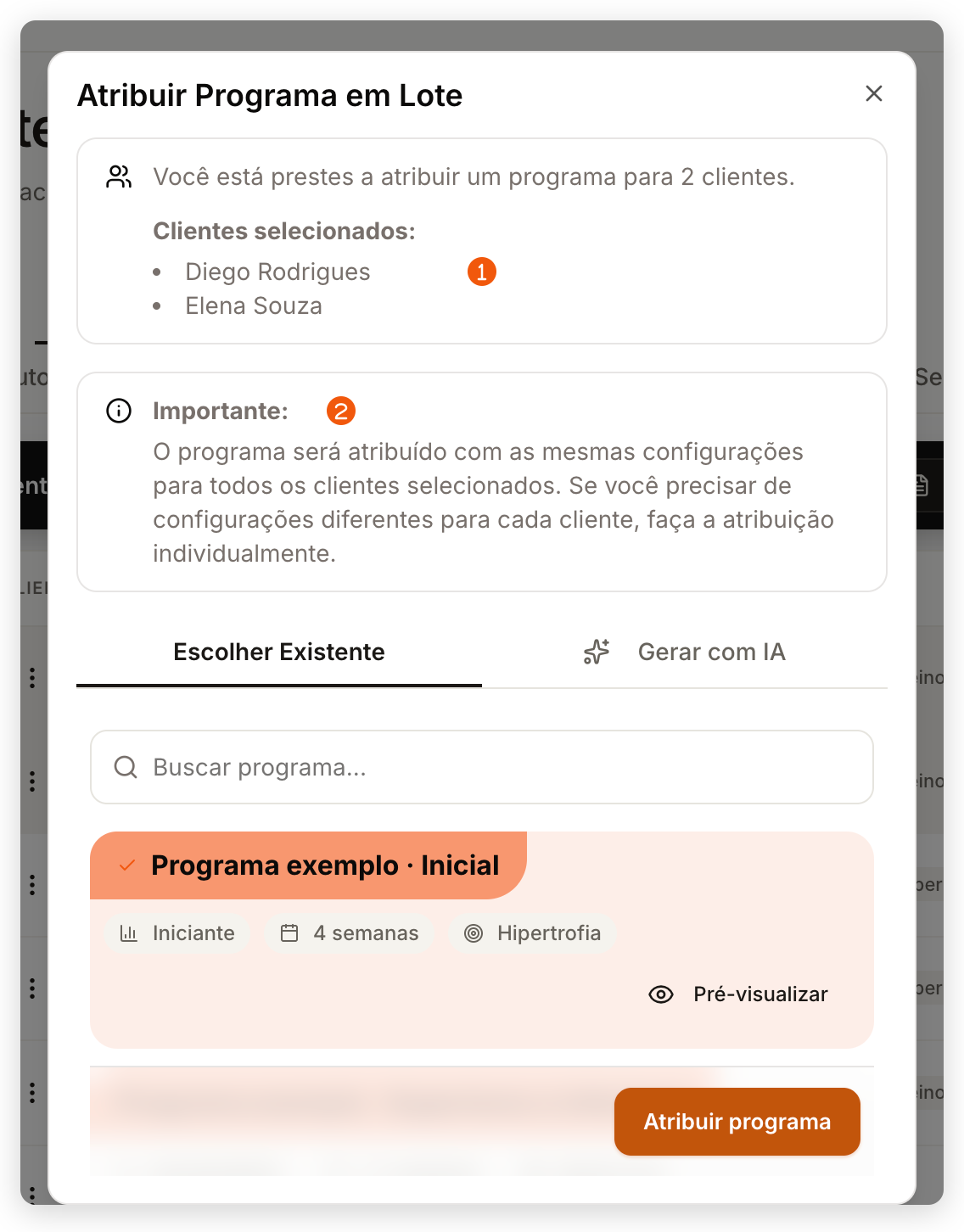 Diálogo Atribuir Programa em Lote com os alunos selecionados e o aviso de mesmas configurações para todos