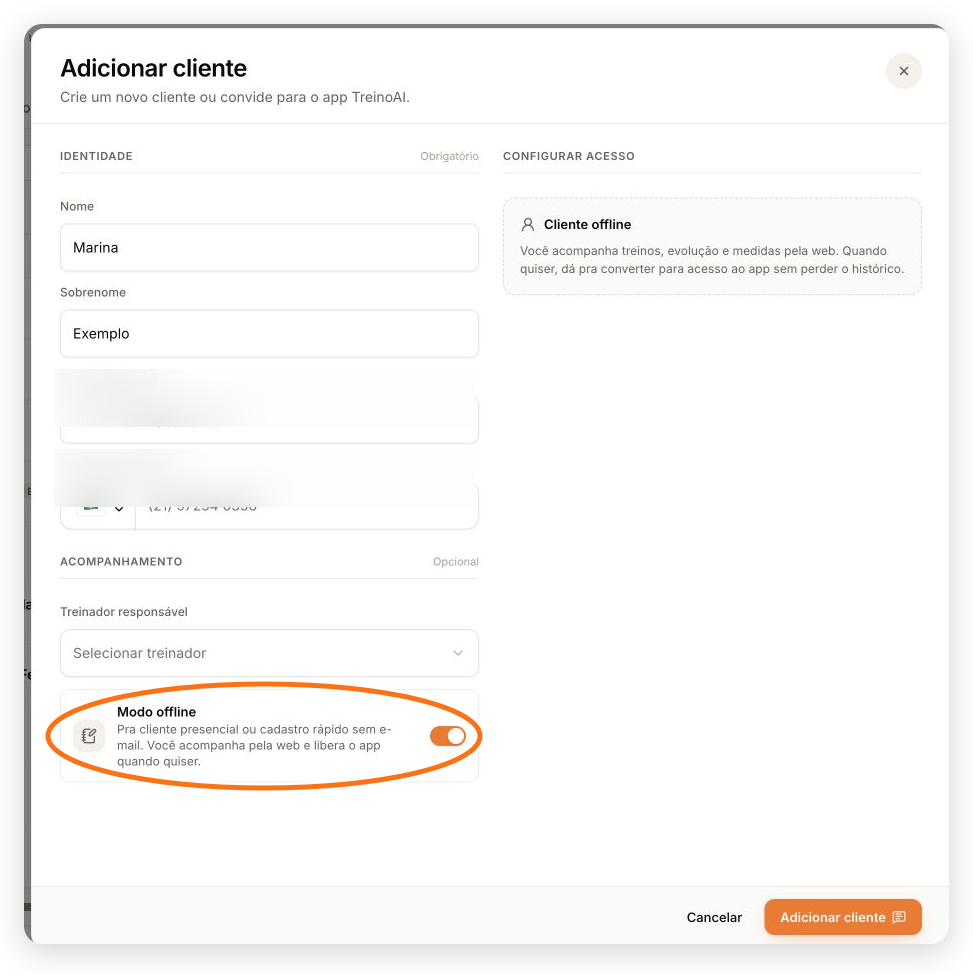Formulário Adicionar cliente com o Modo offline destacado e dados fictícios protegidos
