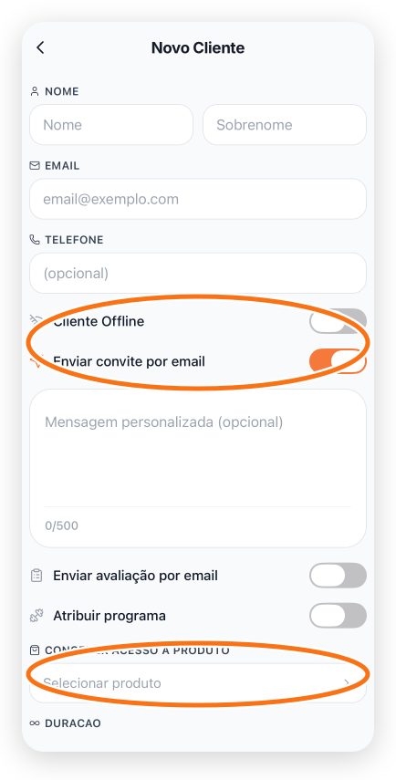 Formulário Novo Cliente no app com os controles de acesso e a seleção de produto destacados
