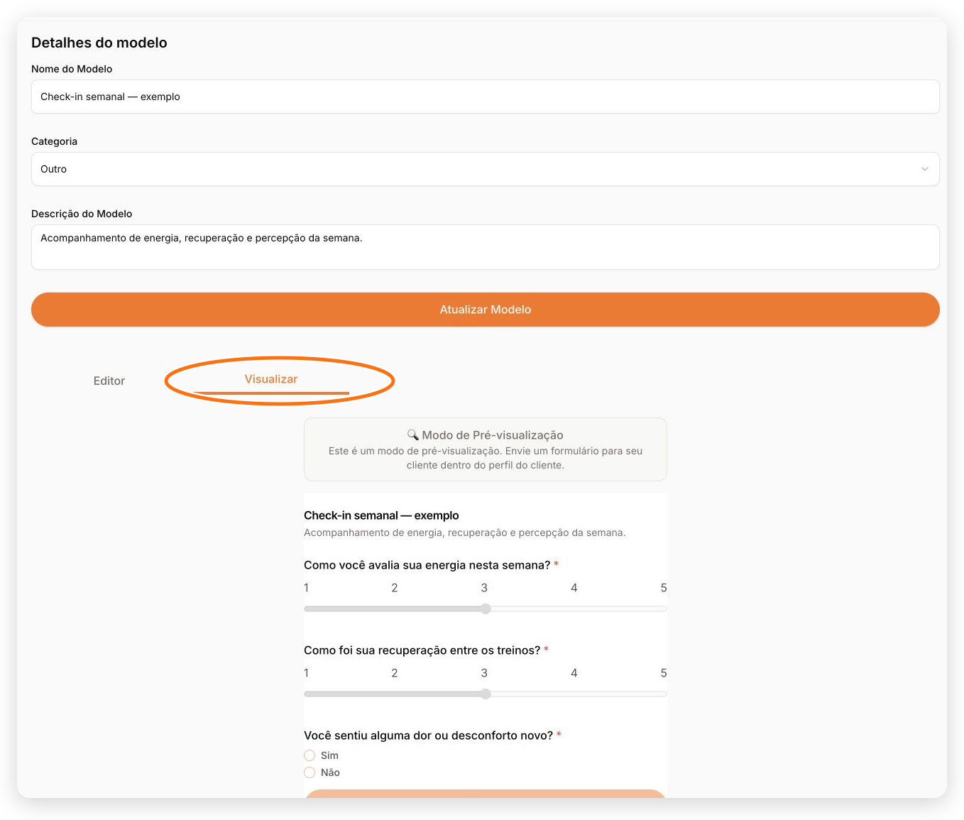 Pré-visualização do Check-in semanal — exemplo com três perguntas obrigatórias