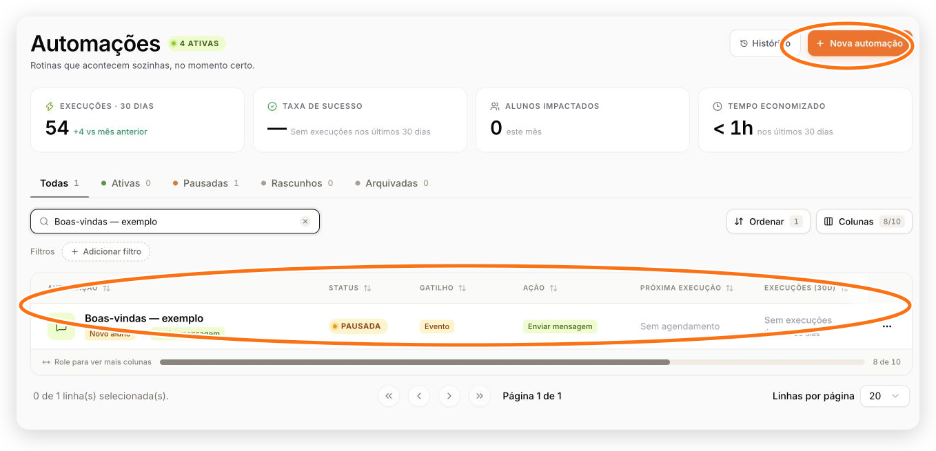 Lista de Automações com o exemplo Boas-vindas — exemplo e o botão Nova automação