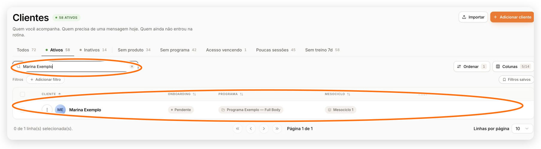 Lista de Clientes filtrada por Marina Exemplo, com colunas de onboarding, programa e mesociclo