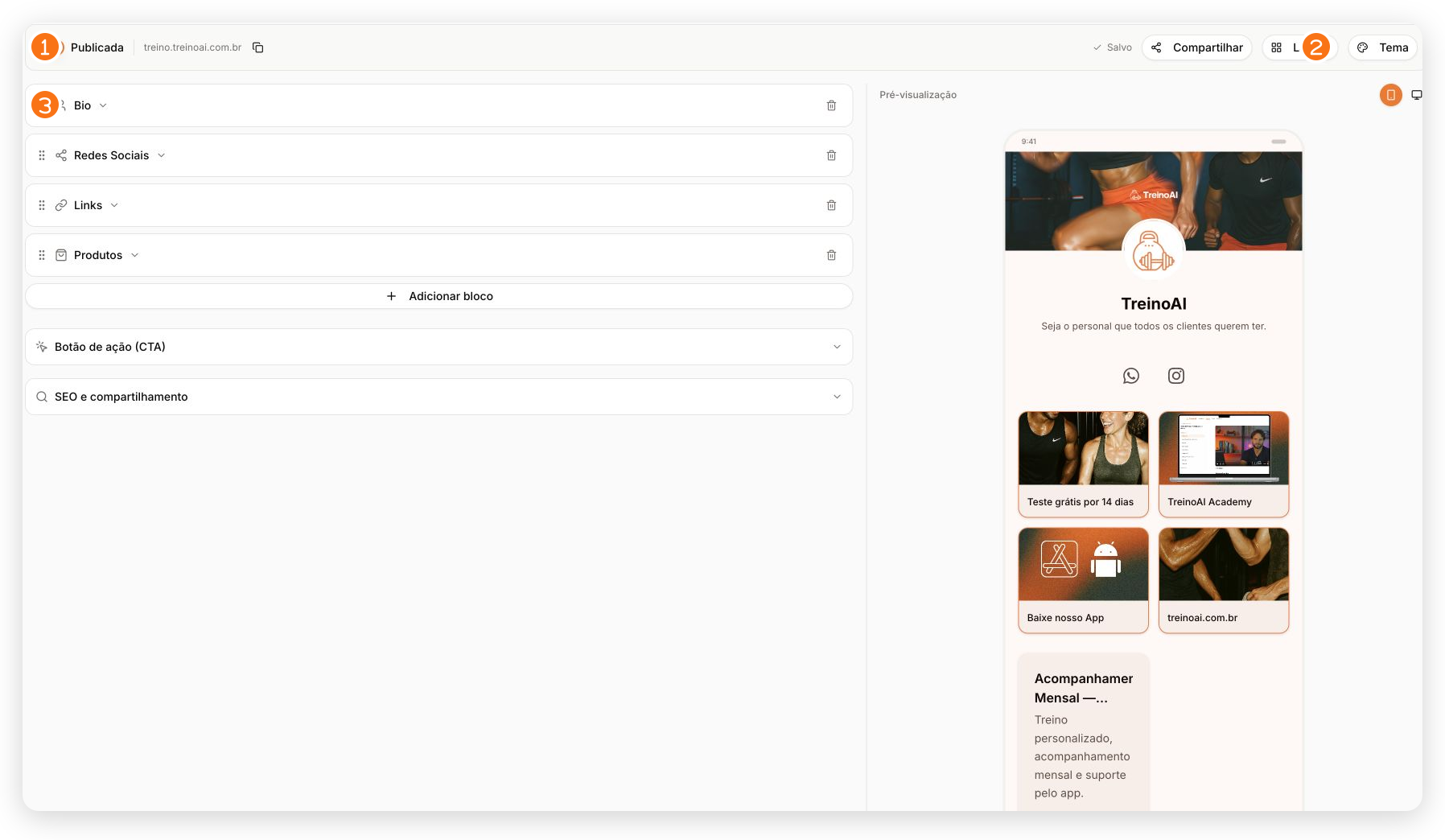 Editor da Minha Página com publicação, personalização, blocos e pré-visualização destacados