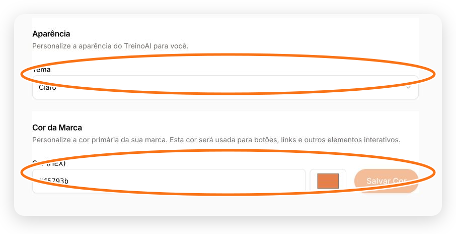 Configuração de aparência com o seletor de tema e o campo da cor da marca destacados