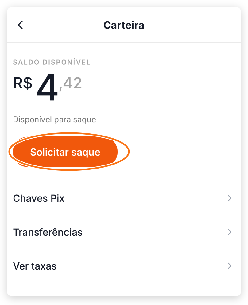 Carteira ativa com a ação Solicitar saque destacada